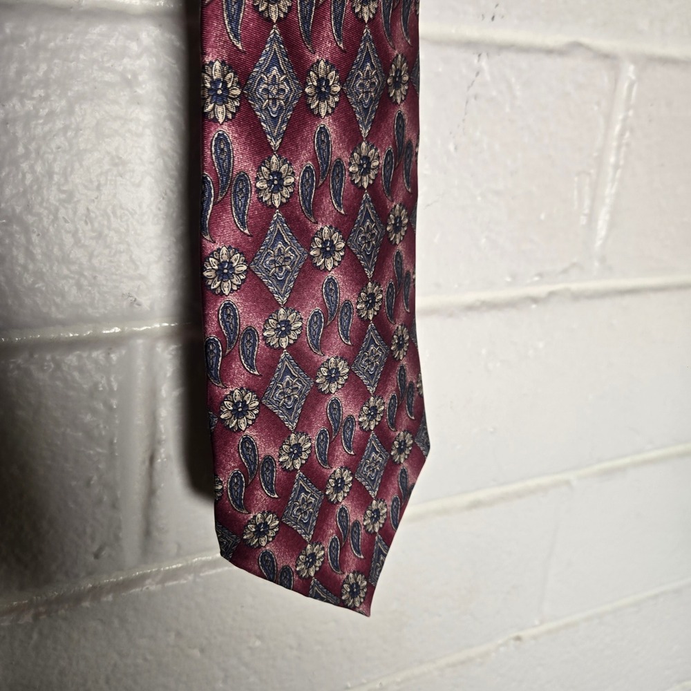 Vtg italian Silk Necktie Mens OS Burgundy Floral Paisley Tie Wedding Boho Event